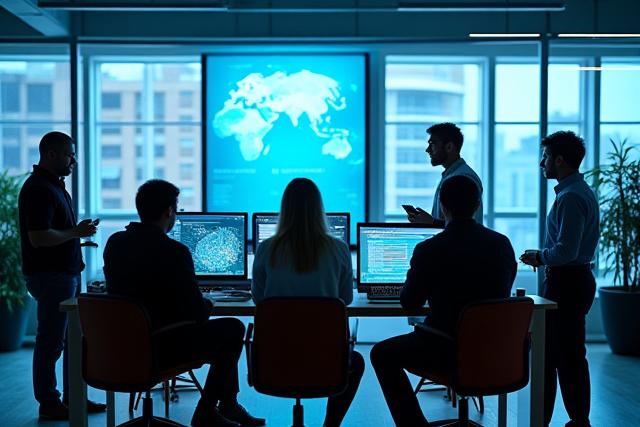 Team discussion in a modern office with marine data on screens